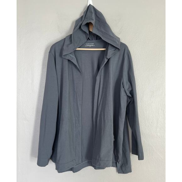 Eileen Fisher Hooded Cardigan Women Size L Organic Cotton Open Front Boho Blue - Picture 2 of 10
